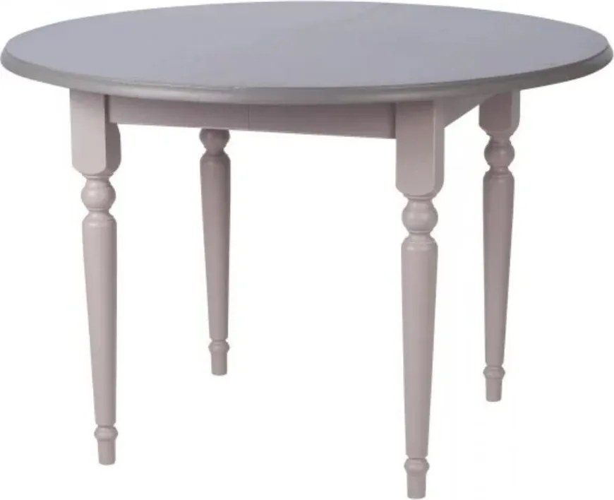 Masă dining extensibilă rotundă din lemn masiv, gri, 4–5 locuri, cu prelungitor și picioare strunjite, finisaj patinat, 78 x 116 cm, „Provence”