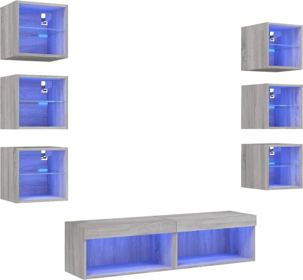 vidaXL Unități de perete TV cu LED-uri, 8 piese, gri sonoma, lemn