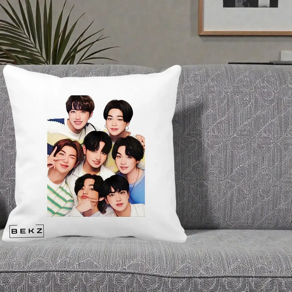 Perna Personalizata K-pop BTS Bangtan Boys Portret Grup Fanart, 40x40 cm, Alba Mata, Husa Detasabila, Perna Inclusa, BEKZ®