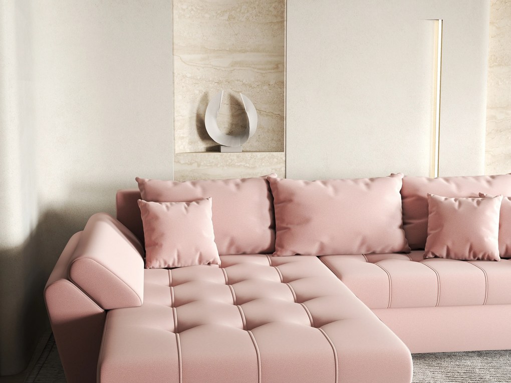 Colțar extensibil dumonde cu ladă de depozitare si sezut confortabil din spuma high-density, Loana Royal Pink 270x185 cm