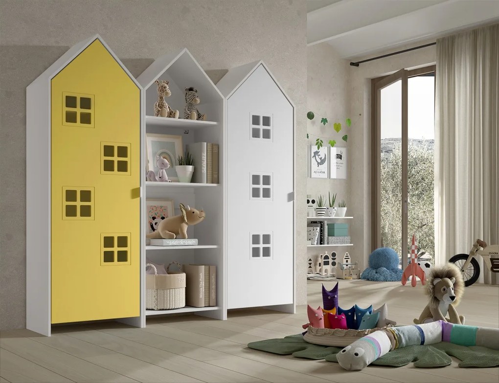 Set 3 dulapuri pentru copii Casami tip colibă de plajă – 1 deschis, 1 cu ușă Galben Strălucitor și 1 cu ușă albă – Vipack