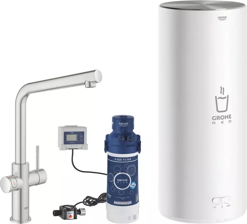 Baterie bucatarie Grohe Red Duo crom periat Supersteel pipa tip L si boiler marimea L