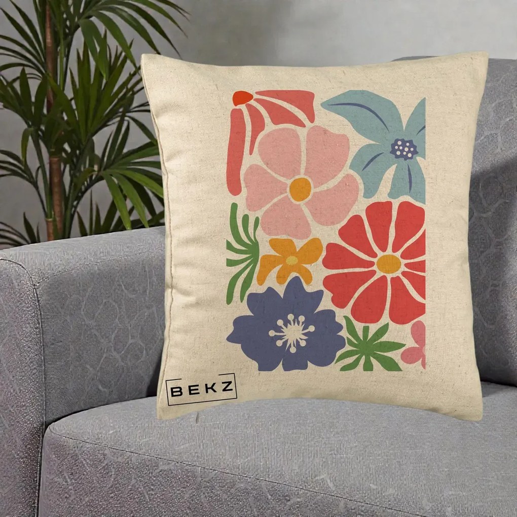 Perna Decorativa Flori Grafice Roz-Rosu-Albastru, 40x40 cm, Bej, Husa Detasabila, Perna Inclusa, BEKZ®