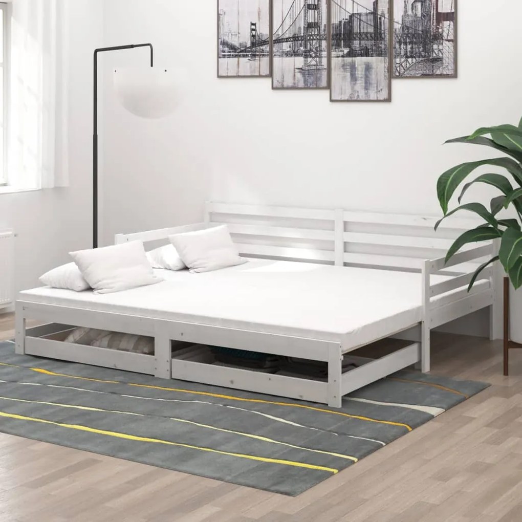 3083700 vidaXL Pat extensibil de zi, 2x(90x200) cm, alb, lemn masiv de pin