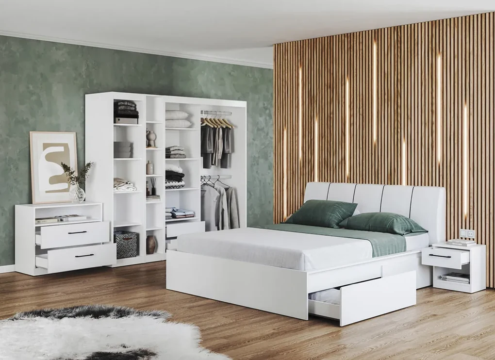 Set dormitor alb pat tapitat - Blanco - Configuratia 6
