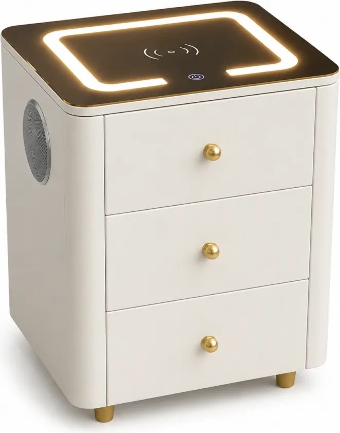 RESIGILAT- Noptieră inteligentă multifuncțională, 3 sertare, LED-uri tactile, 3 tipuri de culoare, încărcare fără fir, Difuzor Bluetooth, sticla securizata, Alb