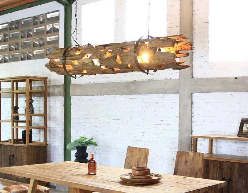 Lustră suspendată din rădăcină de tec reciclat și metal, maro, cu 3 brațe, finisaj natural, 33 x 180 x 33 cm, „Noyon”