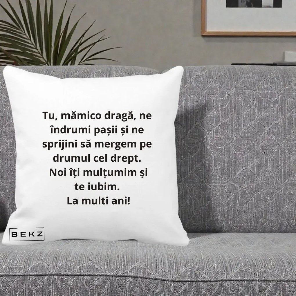 Cadou pentru Mama - Perna Personalizata Mamico Draga Te Iubim La Multi Ani cu Text Negru, 40x40 cm, Alba Mata, Husa Detasabila, Perna Inclusa, BEKZ®