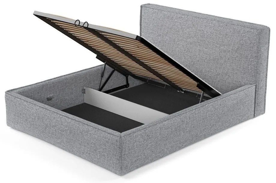 Pat matrimonial gri tapițat cu spațiu de depozitare cu somieră 180x200 cm Lounge L – Maison de Rêve