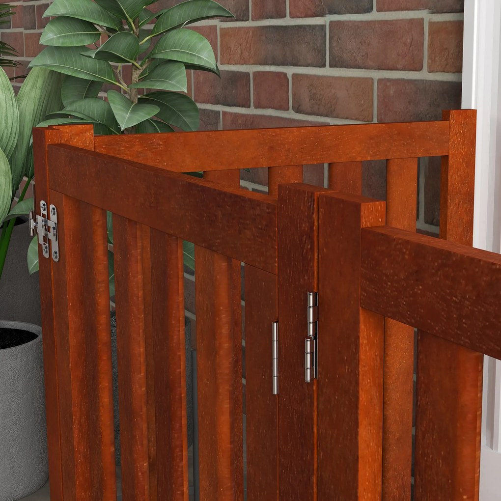 PawHut Barieră de siguranță câine pliabilă dublă față din lemn, 4 panouri cu ușă, picioare de suport, 205 x 60 cm, maro | Aosom Romania