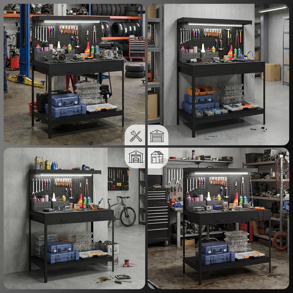 HOMCOM Banc de lucru 110 cm cu panou perforat, banc robust cu șină de prize și iluminare LED, Negru | Aosom Romania