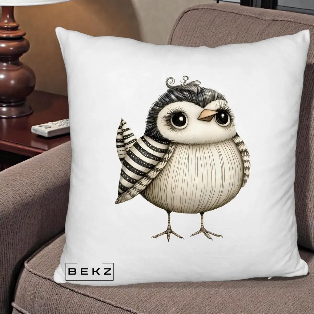 Perna Decorativa Pui Elegant Alb-Negru, 40x40 cm, Alb Pufos, Husa Detasabila, Perna Inclusa, BEKZ®
