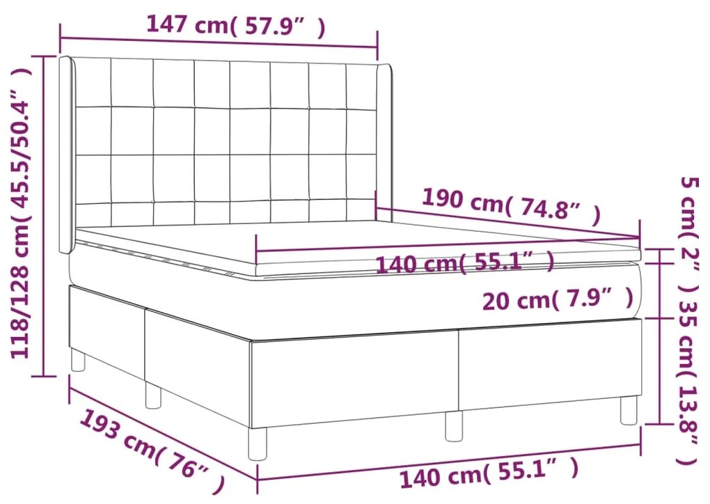 Pat continental cu saltea si LED gri deschis 140x190 cm catifea Gri deschis, 140 x 190 cm, Cu blocuri patrate