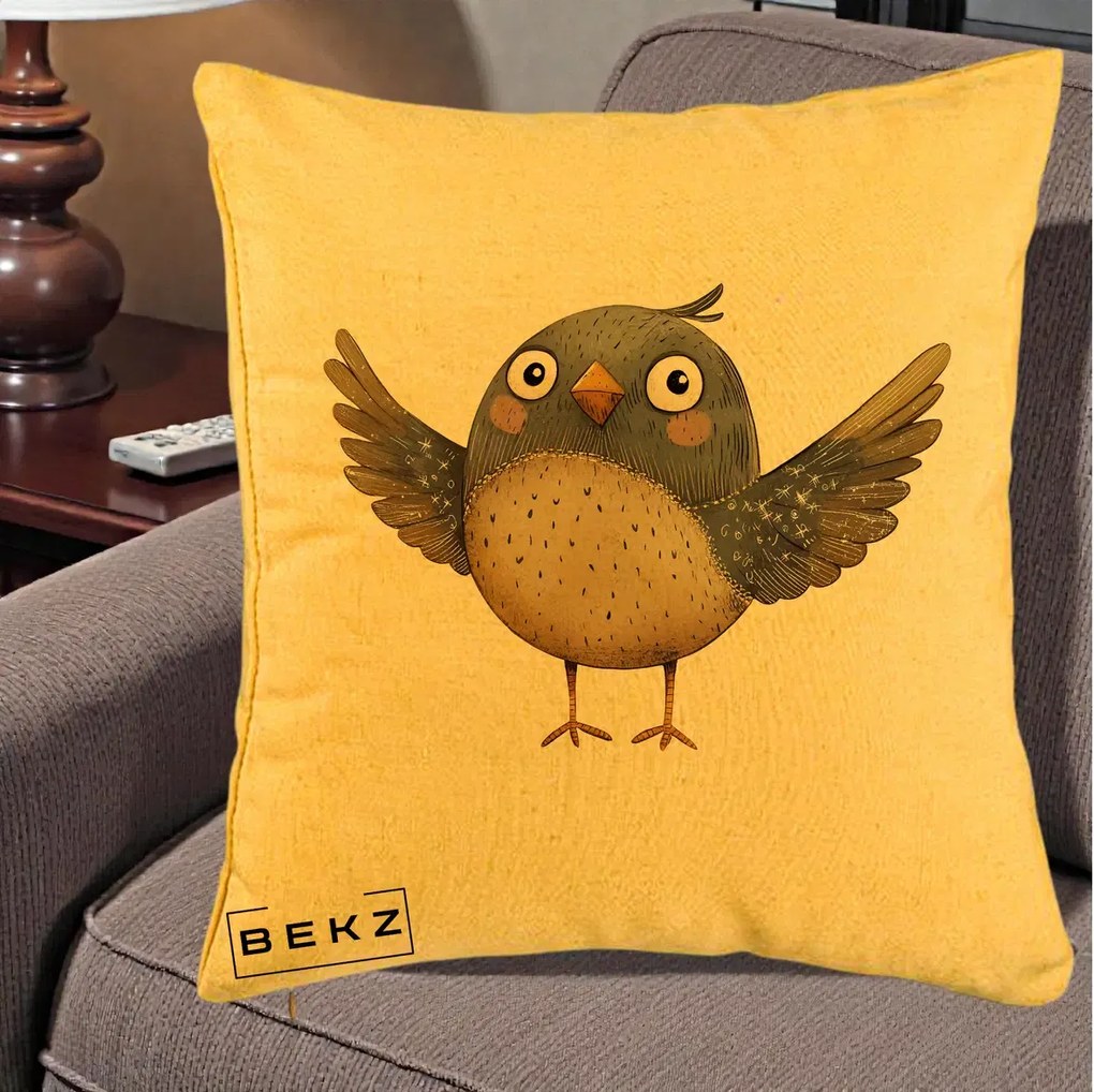 Perna Decorativa Pasare cu Aripi Intinse, 40x40 cm, Galben, Husa Detasabila, Perna Inclusa, BEKZ®