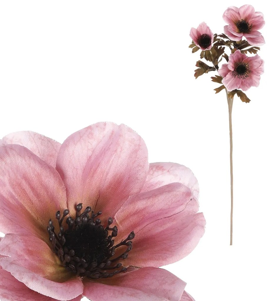 Floare artificiala Anemone roz vechi, 3 flori , 56x 17 cm
