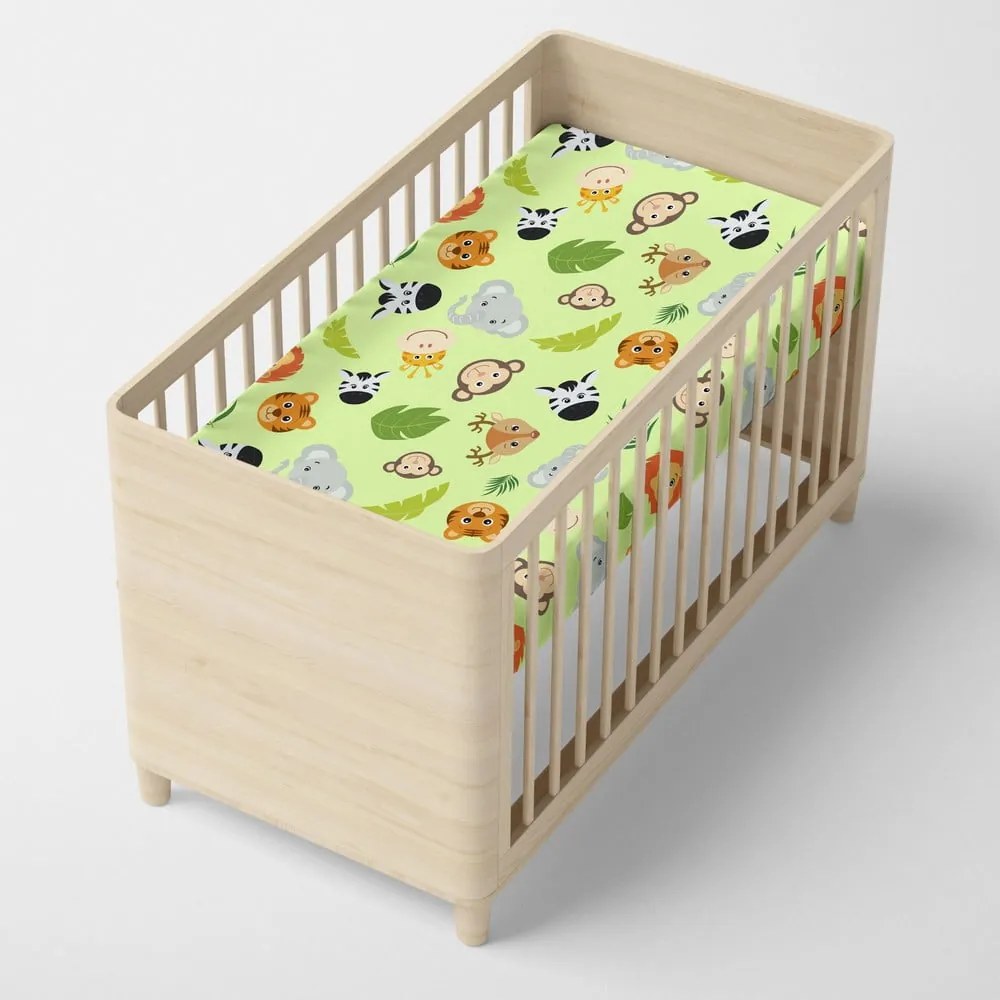 Cearceaf elastic din bumbac Mr. Fox Wild, 70 x 140 cm, verde