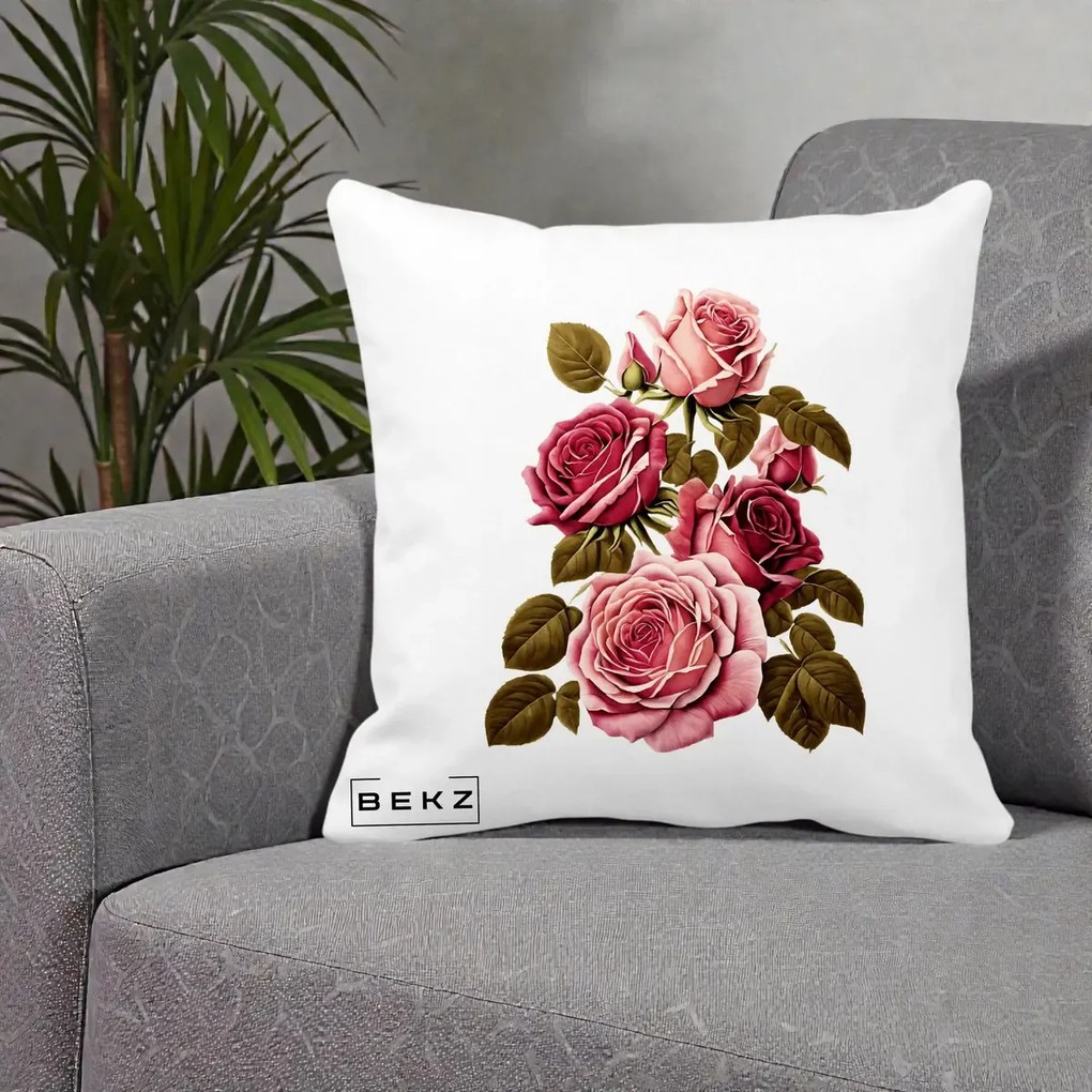 Perna decorativa cu flori: Trandafiri Vintage Roz-Rosii, 40x40 cm cu Umplutura, Alb Mat, BEKZ