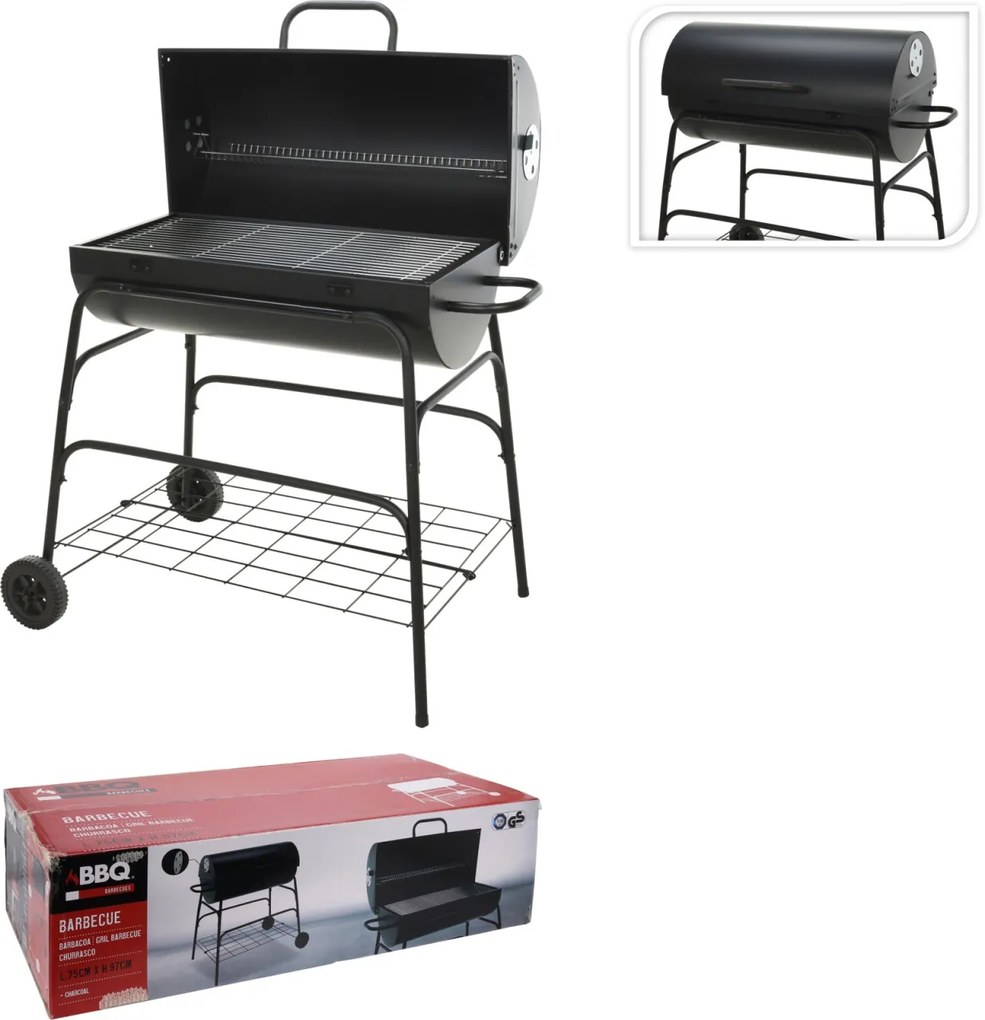 Grătar cu capac pe cărbuni, metalic, 97 cm, cu roți și raft de depozitare
