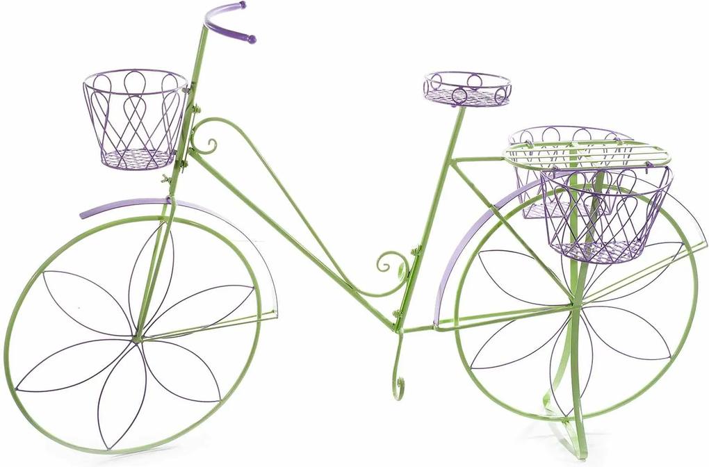 Suport flori cu 4 suporturi ghiveci metal verde mov model bicicleta cm 135 cm x 41 cm x 86 H