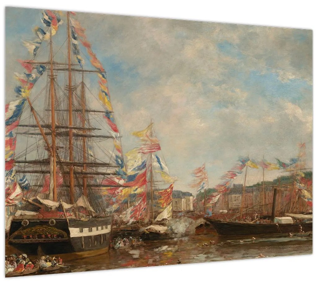 Tablou pe sticlă - Eugène Boudin, Festival in the Harbor of Honfleur, reproducere (70x50 cm)