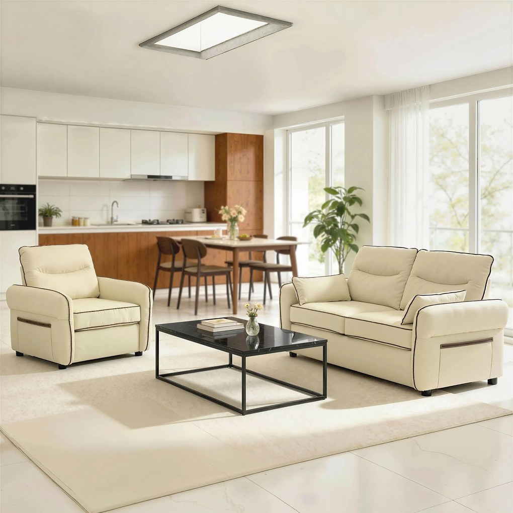 HOMCOM Divan 2 Locuri Imbottit din Piele Sintetică cu Bord Contrastant, Divan Living cu Perne Groase, 2 Perne Detasabile și Lavabile, Brațe și Buzunare Laterale, 136x81x90 cm, Bej | Aosom Romania