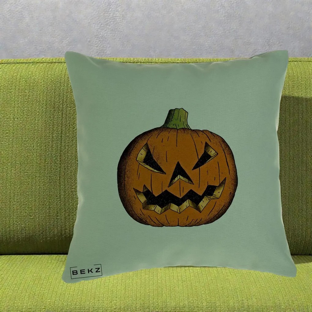 Perna Decorativa Halloween Dovleac Portocaliu Clasic, 40x40 cm, Verde, Husa Detasabila, Perna Inclusa, BEKZ®