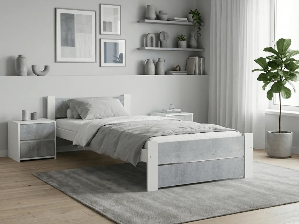 Pat de o persoana IKAROS DOUBLE 90 x 200 cm, beton/alba Saltele: Cu saltele Deluxe 10 cm, Somiera pat: Fara somiera