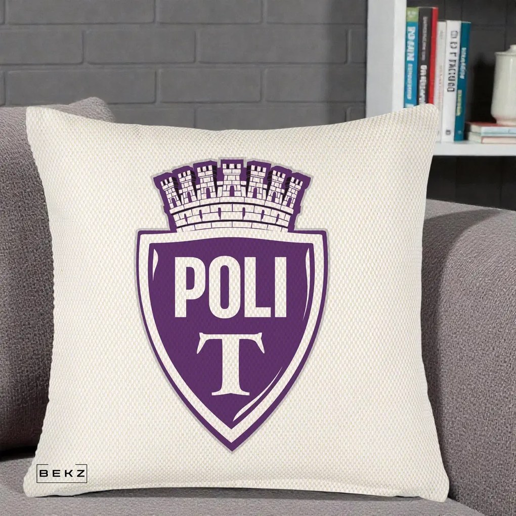 Perna Personalizata Poli Timisoara Fotbal, 40x40 cm, Crem Reliefat, Husa Detasabila, Perna Inclusa, BEKZ®