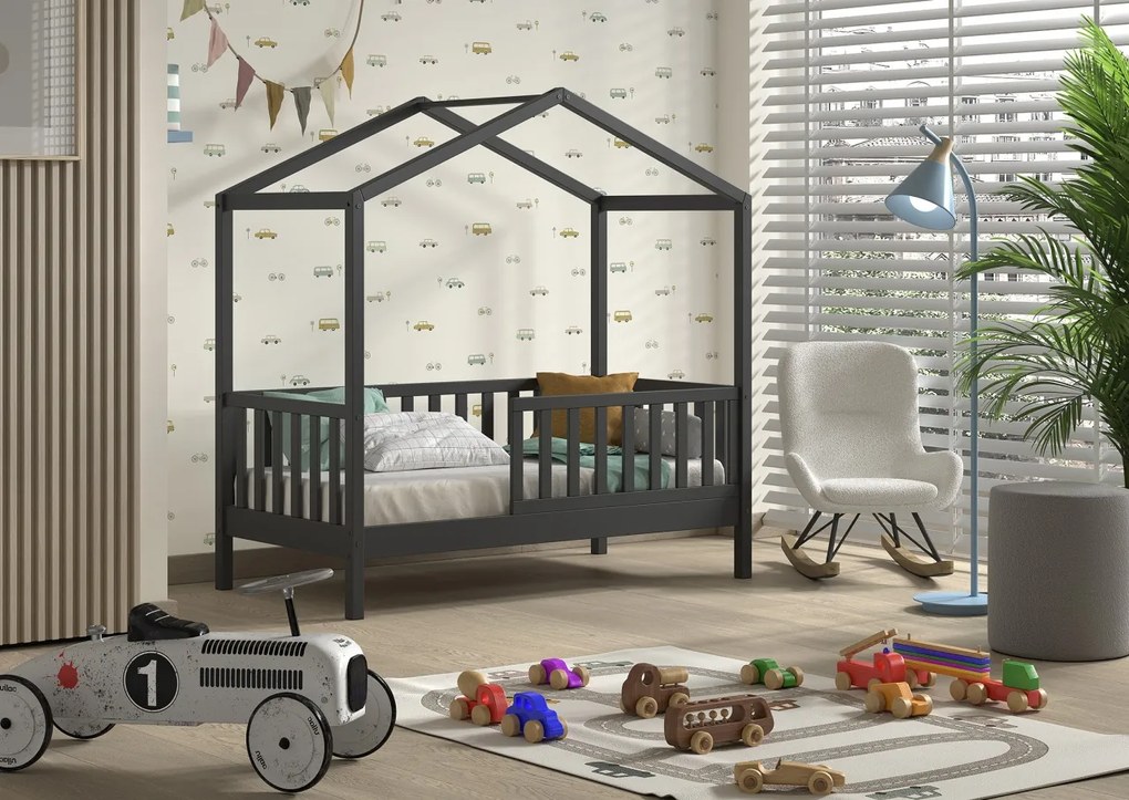 Pat pentru copii mici DALLAS 70x140 cm antracit din pin masiv cu bare de siguranță – Vipack