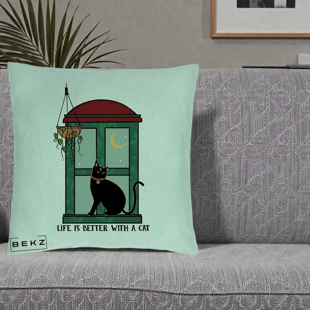 Perna Personalizata Life is Better with a Cat Geam, 40x40 cm, Verde Menta, Husa Detasabila, Perna Inclusa, BEKZ®