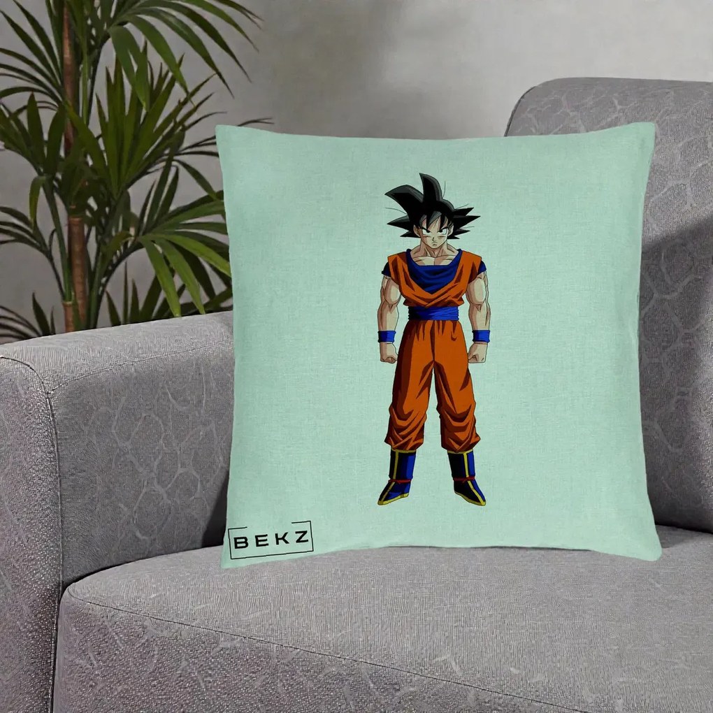 Perna Personalizata Dragon Ball Goku Complet in Gi Portocaliu, 40x40 cm, Verde Menta, Husa Detasabila, Perna Inclusa, BEKZ®