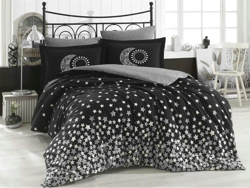 Set lenjerie pat dublu STARS, bumbac, negru/gri, 240x260 cm, cu cearce