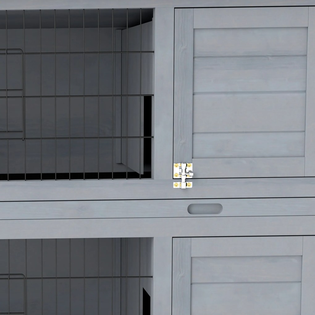 PawHut Cușcă pentru iepuri din lemn cu 2 etaje, acoperiș asfaltat, tavă de podea, uși pentru animale mici, 136,4 x 50 x 93 cm, Gri | Aosom Romania