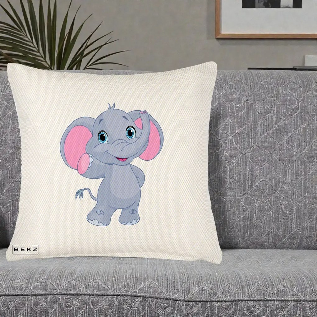 Perna Decorativa Pui de Elefant Kawaii, 40x40 cm, Crem Reliefat, Husa Detasabila, Perna Inclusa, BEKZ®