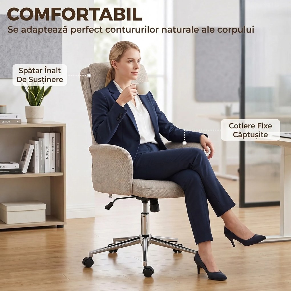 HOMCOM Scaun de Birou Rotativ cu Spătar Înalt, din Chenille Bej | Aosom Romania
