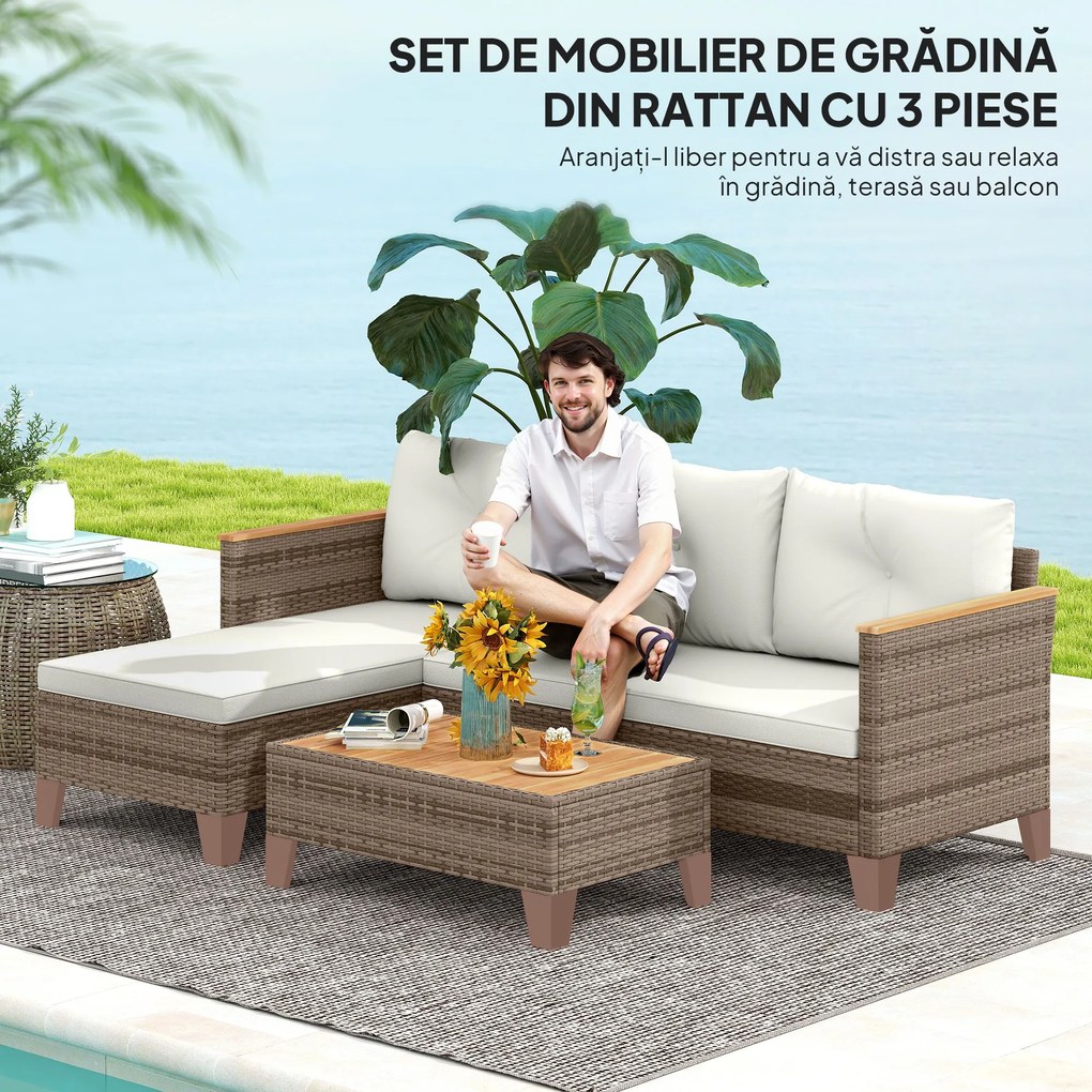 Outsunny Set de Mobilier de Grădină din 3 Piese cu Canapea, Șezlong și Măsuță de Cafea, 128x66x66 cm, Kaki | Aosom Romania