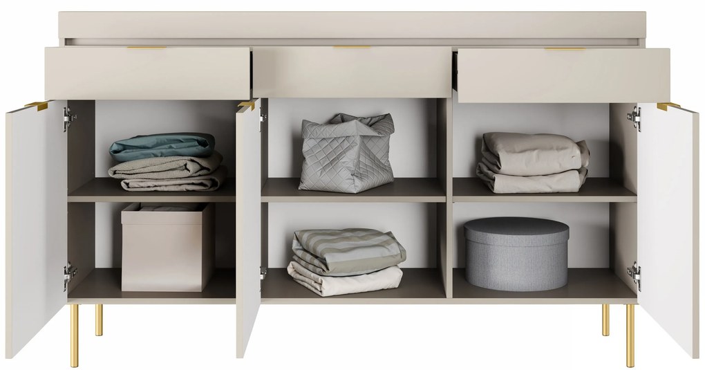 Comodă trei uși Sentia 157 cm cu trei sertare - cașmir / auriu