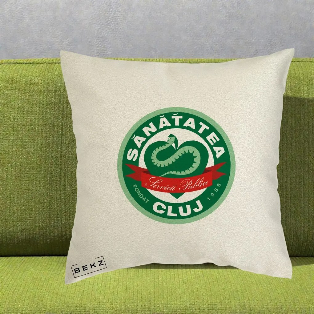 Perna Personalizata Sanatatea Cluj Servicii Publice 1986, 40x40 cm, Ecru, Husa Detasabila, Perna Inclusa, BEKZ®