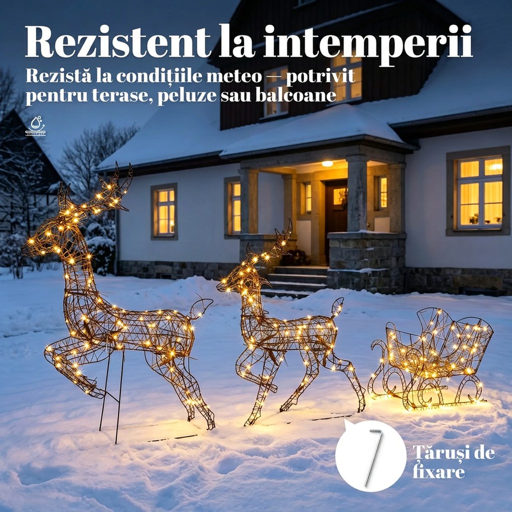 Outsunny set de Crăciun 3 piese cu reni și sanie, 240 LED, 105 cm, alb cald | Aosom Romania