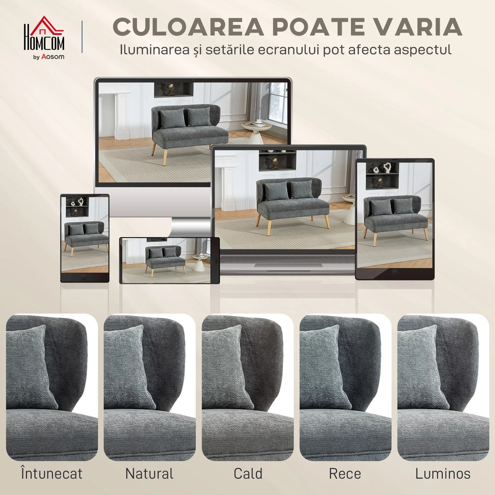 HOMCOM Canapea 2 Locuri In Catifea Chenille Con Șezut Larg E Spătar Ad Aripi, Gri | Aosom Romania