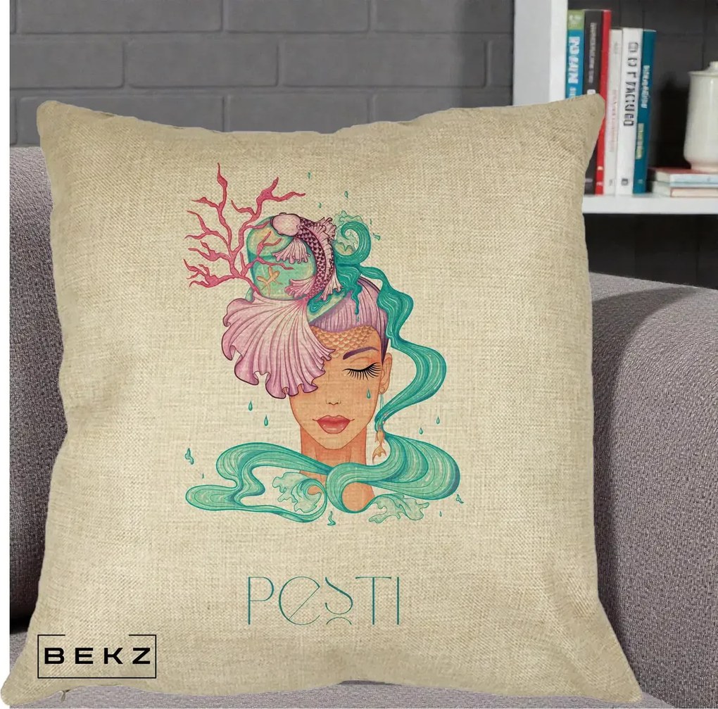 Perna Personalizata Zodiac Pesti Cowgirl, 40x40 cm, Crem, Husa Detasabila, Perna Inclusa, BEKZ®