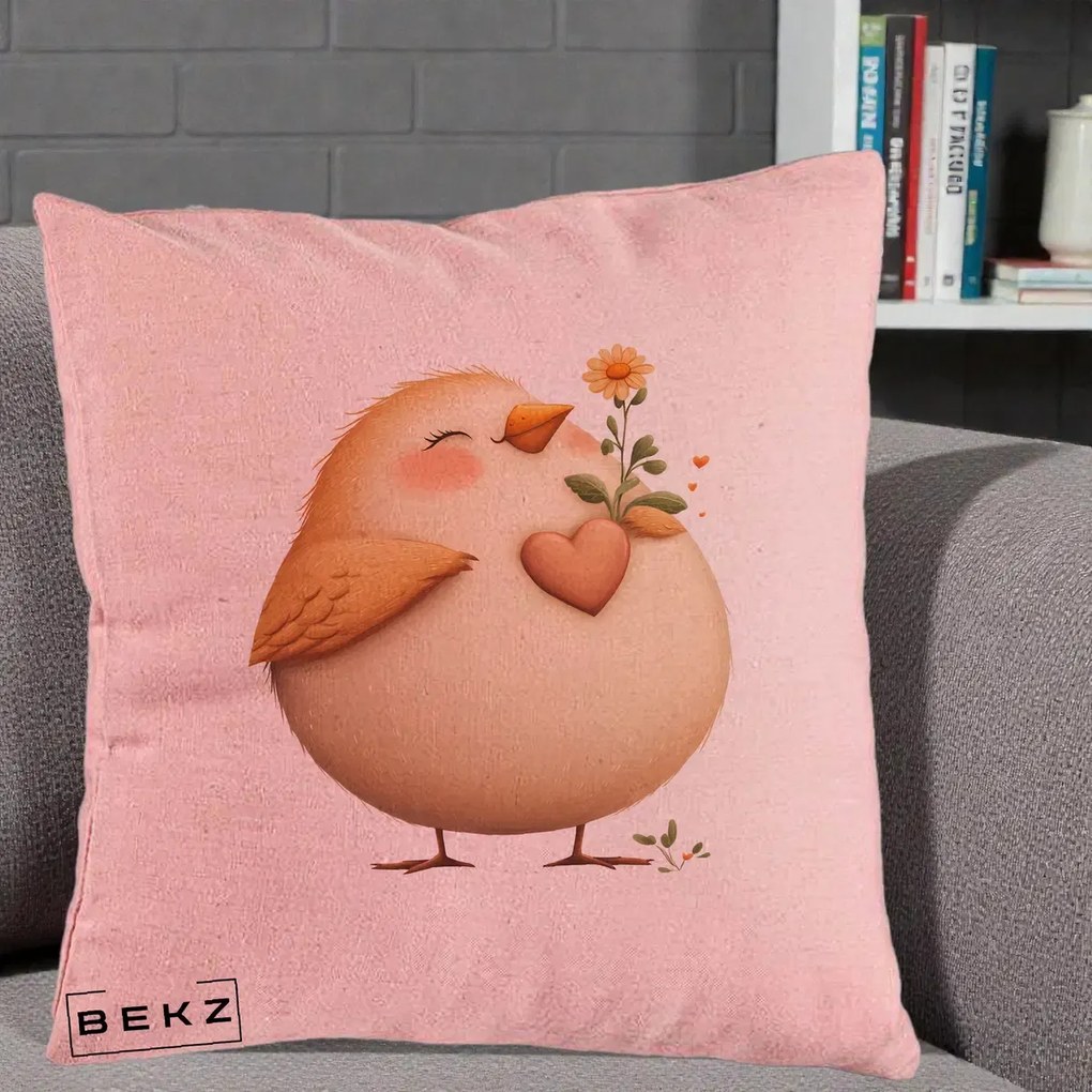 Perna Decorativa Pui cu Inima si Floarea-Soarelui, 40x40 cm, Roz, Husa Detasabila, Perna Inclusa, BEKZ®