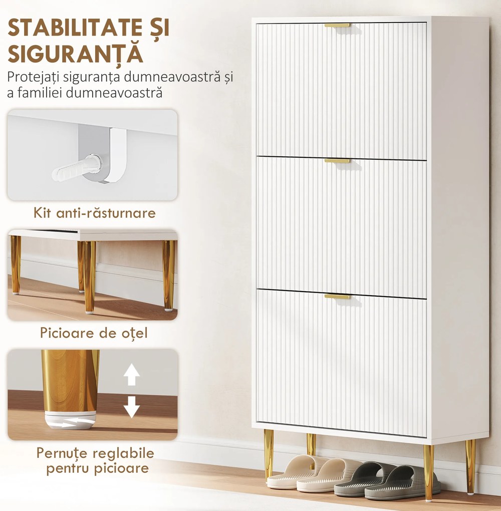 HOMCOM Dulap de pantofi pentru 18 perechi de pantofi cu 3 sertare rabatabile Alb | Aosom Romania