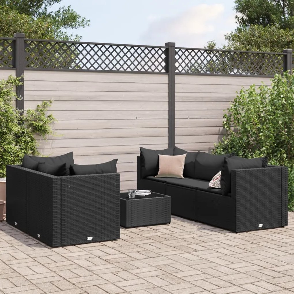 3308019 vidaXL Set mobilier de grădină cu perne, 6 piese, negru, poliratan