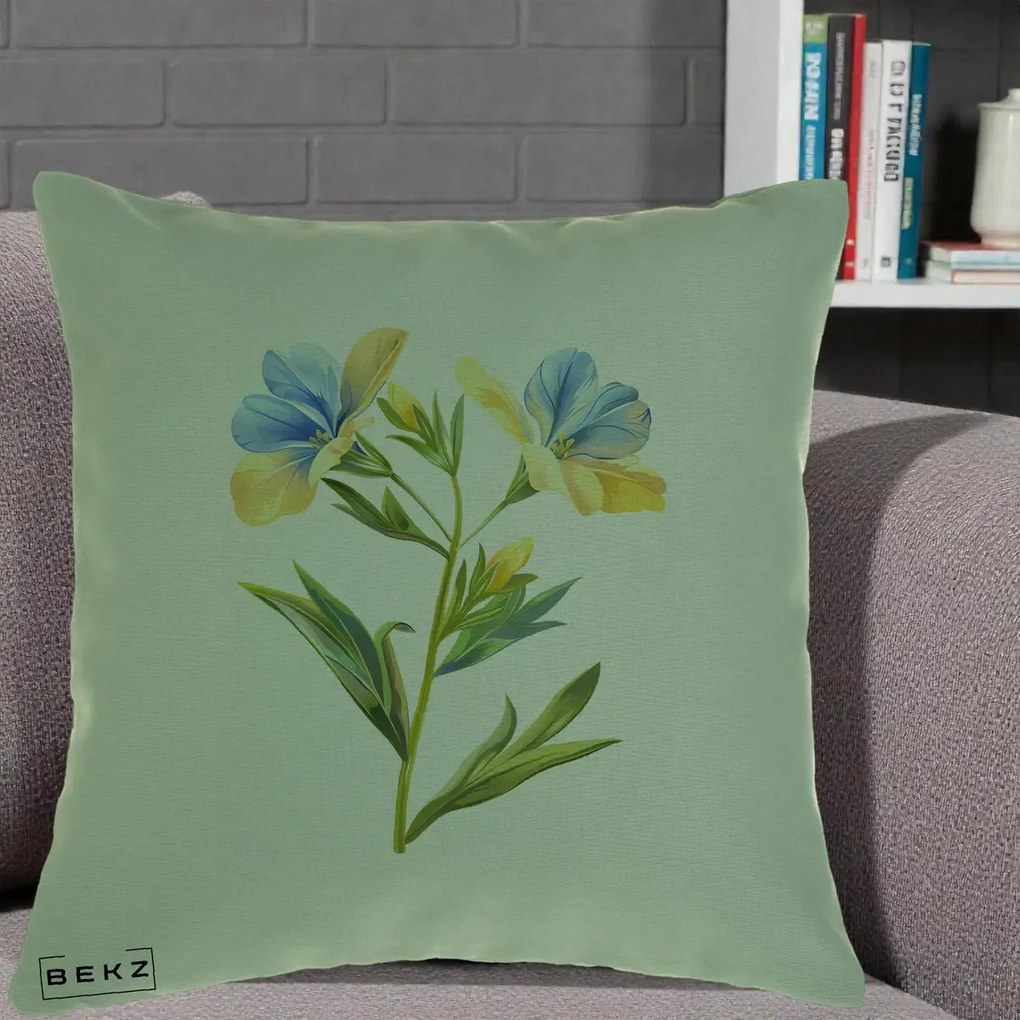 Perna Decorativa Botanica Frezie Galbena si Albastra, 40x40 cm, Verde, Husa Detasabila, Perna Inclusa, BEKZ®