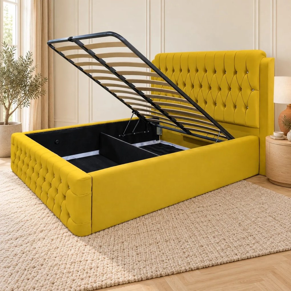 Pat tapițat Chesterfield din catifea Aveline Deluxe 180×200 cm, galben muștar, cu ladă de depozitare