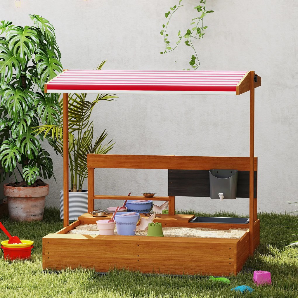 Outsunny Nisipar din lemn pentru copii cu copertină reglabilă și jucării de bucătărie Juego para Niños 3-7 Años 114x110x110 cm Maro | Aosom Romania