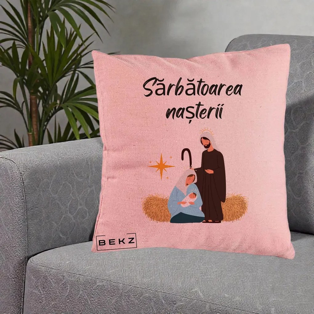 Perna Decorativa Nasterea Domnului Sfanta Familie Sarbatoarea Nasterii, 40x40 cm, Roz, Husa Detasabila, Perna Inclusa, BEKZ®
