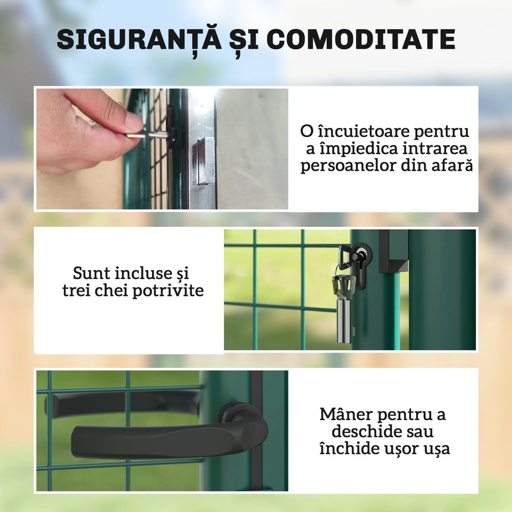 Outsunny Poartă de Grădină din Oțel 97x200 cm, Poartă cu Încuietoare, 3 Chei, Mâner și 2 Stâlpi | Aosom Romania