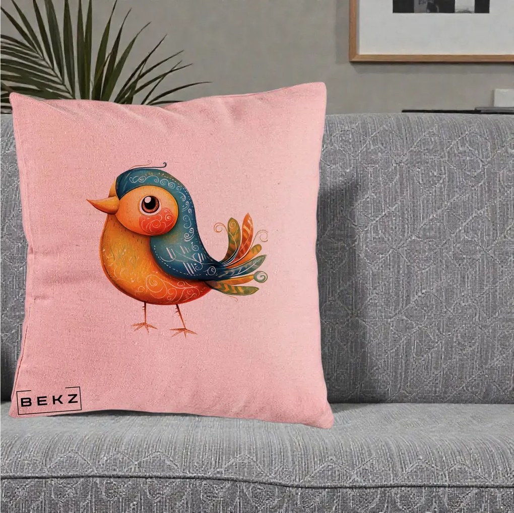 Perna Decorativa Pasare Folk Art Portocalie-Teal, 40x40 cm, Roz, Husa Detasabila, Perna Inclusa, BEKZ®